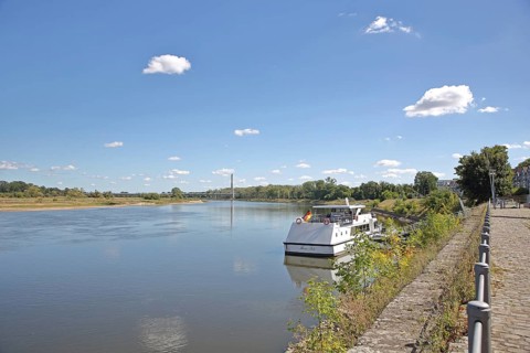 Ship at the quay of the Elbe, Elbe riverbank, landscape, Elbauenbrücke, Salzblumenplatz,