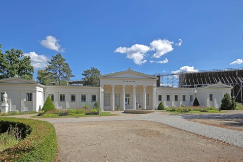 Classicist lime tree bath with columns, graduation tower, brine park, spa gardens, Bad Salzelmen,