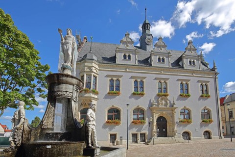 Market fountain with allegorical sculptures and town hall, market fountain, market square,