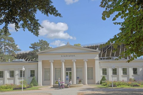 Classicist lime tree bath with columns, pedestrian, brine park, spa gardens, Bad Salzelmen,