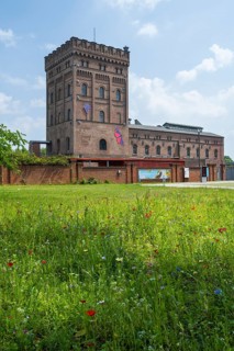 Malakow tower and machine house, blooming meadow with summer flowers, LWL Museum, former mine,