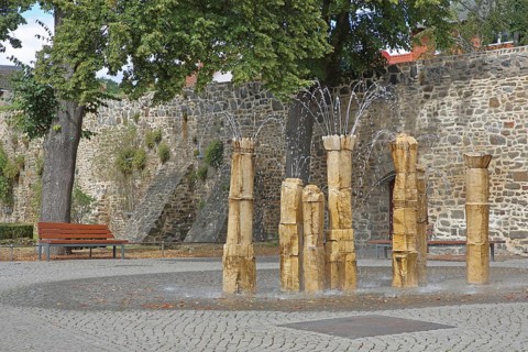 Fountain and historic town wall, water features, Hagentor Haldensleben, Saxony-Anhalt, Germany