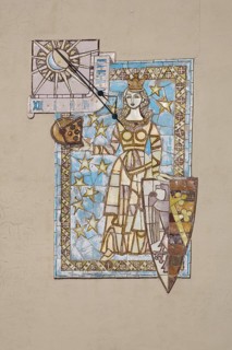 Town coat of arms with sundial, wall mosaic, female figure with shield and crown, detail, town