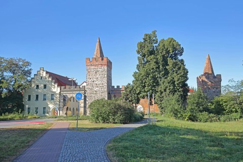 Historic Heath Gate with town wall and building with stepped gable, town fortification, town gate,