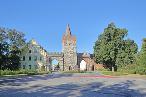 Historic Heath Gate with town wall and building with stepped gable, town fortification, town gate,