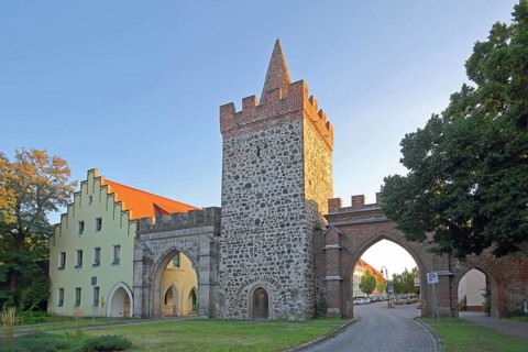 Historic Heath Gate with town wall and building with stepped gable, town fortification, town gate,