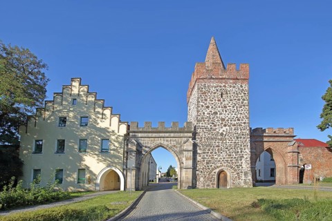 Historic Heath Gate with town wall and building with stepped gable, town fortification, town gate,