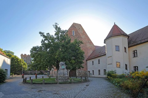 Inner courtyard of the Francisceum built in the 13th century in backlight, former Franciscan
