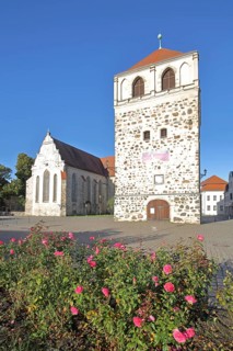 Late Romanesque St Bartholomew's Church and Thick Tower, historic town tower, Zerbst, Fläming,