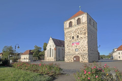 Late Romanesque St Bartholomew's Church and Thick Tower, historic town tower, Zerbst, Fläming,