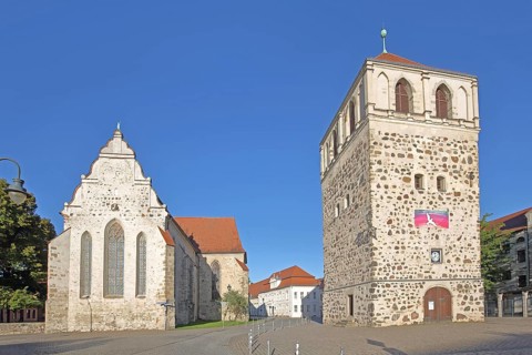 Late Romanesque St Bartholomew's Church and Thick Tower, historic town tower, Zerbst, Fläming,