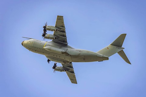 Military aircraft of the German Air Force. Airbus A400M climbing flight after take-off. Stuttgart,