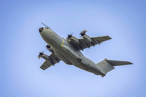 Military aircraft of the German Air Force. Airbus A400M climbing flight after take-off. Stuttgart,