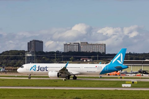 Aircraft at Stuttgart Airport. Aircraft registration number: TC-LUJ, AJet, Airbus A321neo.