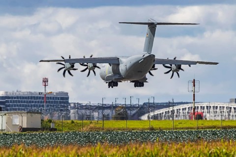 Military aircraft of the German Air Force. Airbus A400M approaching Stuttgart Airport. Stuttgart,