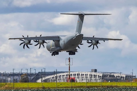 Military aircraft of the German Air Force. Airbus A400M approaching Stuttgart Airport. Stuttgart,