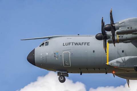 Military aircraft of the German Air Force. Airbus A400M approaching Stuttgart Airport. Stuttgart,