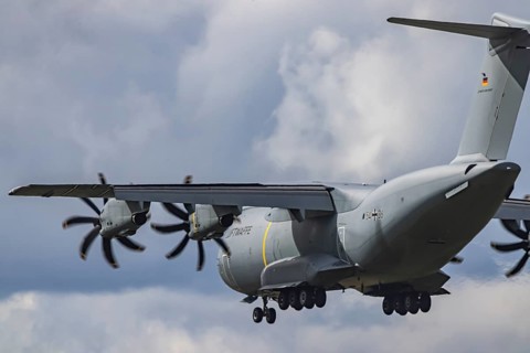 Military aircraft of the German Air Force. Airbus A400M approaching Stuttgart Airport. Stuttgart,