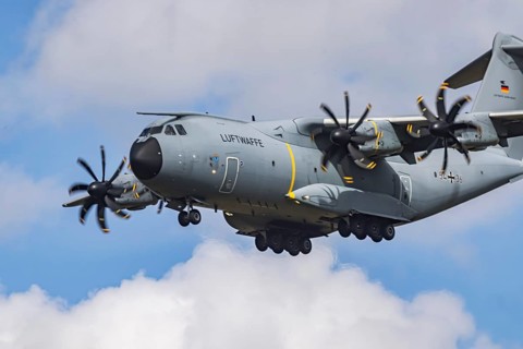 Military aircraft of the German Air Force. Airbus A400M approaching Stuttgart Airport. Stuttgart,