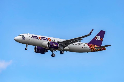 Aircraft approaching Stuttgart Airport. Aircraft registration: SU-BUR, Air Cairo, Airbus A320neo.