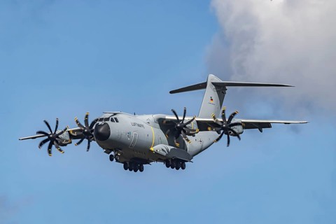 Military aircraft of the German Air Force. Airbus A400M approaching Stuttgart Airport. Stuttgart,