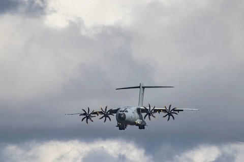 Military aircraft of the German Air Force. Airbus A400M approaching Stuttgart Airport. Stuttgart,