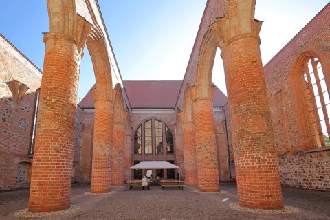 Interior view of St Bartholomew's Church ruins, columns, open, brick church, Zerbst, Fläming,