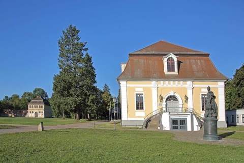 Baroque town hall and stables, monument to Russian Tsarina and Empress Catherine the Great, castle