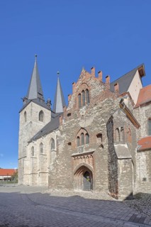 Romanesque St Stephen's Church with twin towers, landmark, Calbe, Saxony-Anhalt, Germany