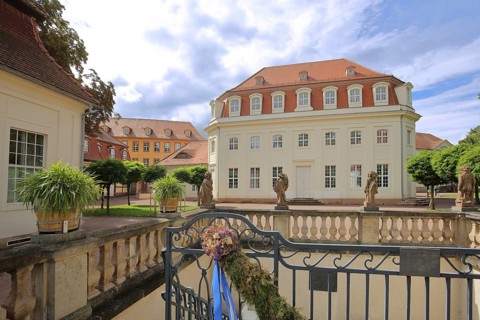 Goethe Theatre and spa complex with fountain, Goethe Park, Bad Lauchstädt, Saxony-Anhalt, Germany