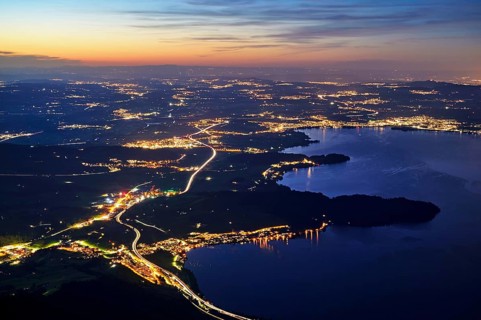 View from Rigi Kulm to the sea of lights with the motorway, Lake Zug, Immensee, Canton Schwyz,