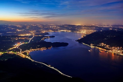 View from Rigi Kulm to the sea of lights with the motorway, Lake Zug, Immensee, Canton Schwyz,