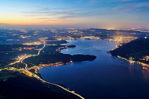 View from Rigi Kulm to the sea of lights with the motorway, Lake Zug, Immensee, Canton Schwyz,