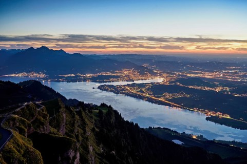 View from Rigi Kulm to the sea of lights, Lake Lucerne, Pilatus and the city, Lucerne, Canton