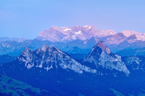 View from Rigi Kulm to the small and large Mythen in the light of dusk, Canton Schwyz, Switzerland