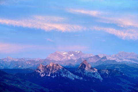 View from Rigi Kulm to the small and large Mythen in the light of dusk, Canton Schwyz, Switzerland