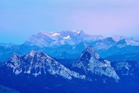 View from Rigi Kulm to the small and large Mythen in the light of dusk, Canton Schwyz, Switzerland