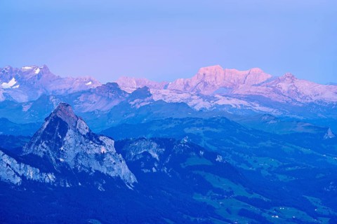 View from Rigi Kulm to the great Mythen in the light of dusk, Canton Schwyz, Switzerland