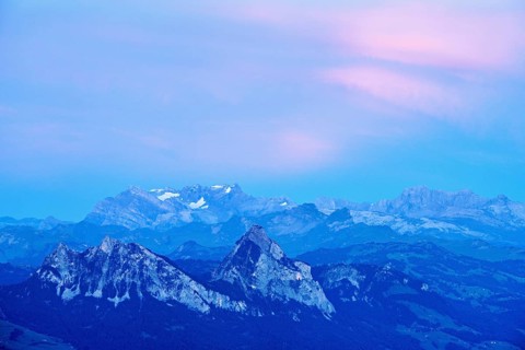 View from Rigi Kulm to the small and large Mythen in the light of dusk, Canton Schwyz, Switzerland