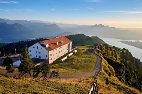 View from Rigi Kulm to the Kulm Hotel, with Lake Lucerne and Mount Pilatus in the background,