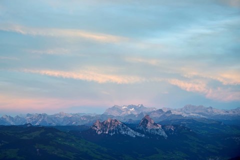 View from Rigi Kulm to the small and large Mythen in the light of dusk, Canton Schwyz Switzerland