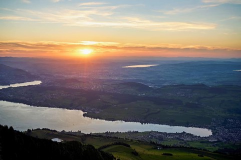 Sunset from Rigi Kulm with a view of Lake Lucerne and the Swiss Plateau, Canton Schwyz, Switzerland