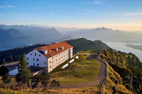 View from Rigi Kulm to the Kulm Hotel, with Lake Lucerne and Mount Pilatus in the background,