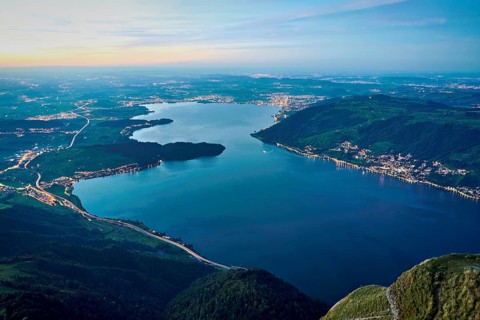 View from Rigi Kulm to the sea of lights with Lake Zug and the Kiemen, Walchwil, Canton Zug,
