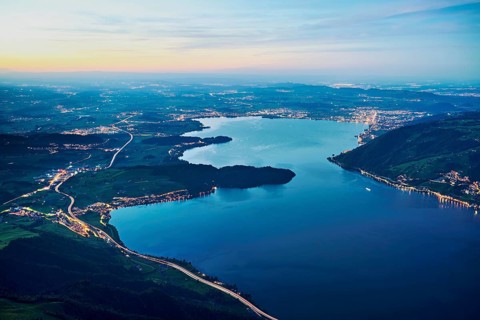 View from Rigi Kulm to the sea of lights with Lake Zug and the Kiemen, Walchwil, Canton Zug,