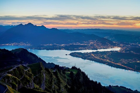 View from Rigi Kulm to the sea of lights, Lake Lucerne, Pilatus and the city, Lucerne, Canton