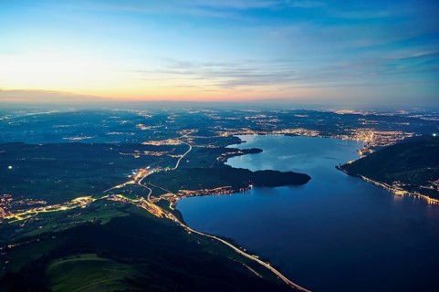 View from Rigi Kulm to the sea of lights with the motorway, Lake Zug, Immensee, Canton Schwyz,