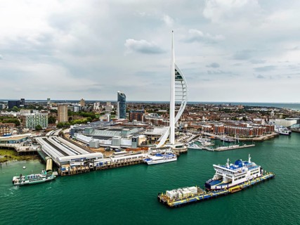 Portsmouth Harbour over Spinnaker Tower from a drone, Portsmouth, Gosport, England, United Kingdom