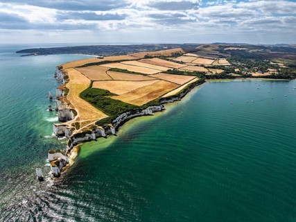 White Cliffs of Old Harry Rocks Jurassic Coast from a drone, Handfast Point, Dorset Coast, Poole,