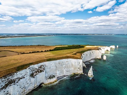 White Cliffs of Old Harry Rocks Jurassic Coast from a drone, Handfast Point, Dorset Coast, Poole,